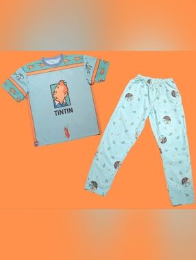 Handmade, Upcycled Tintin Bedsheet Pajama Set (T-Shirt + Bottoms) Size M-L
